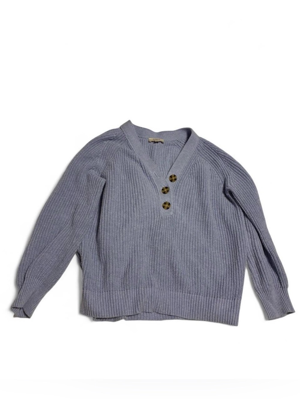 LOFT Women’s V-Neck Ribbed Sweater in Light Slate Blue with Buttons - size M